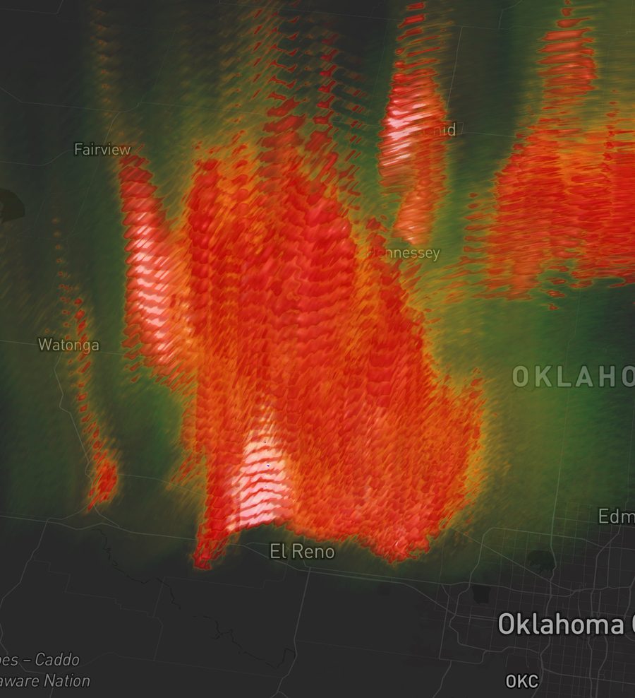 The El Reno supercell rendered in 3D — reflectivity cells towering as a volume over the Oklahoma map